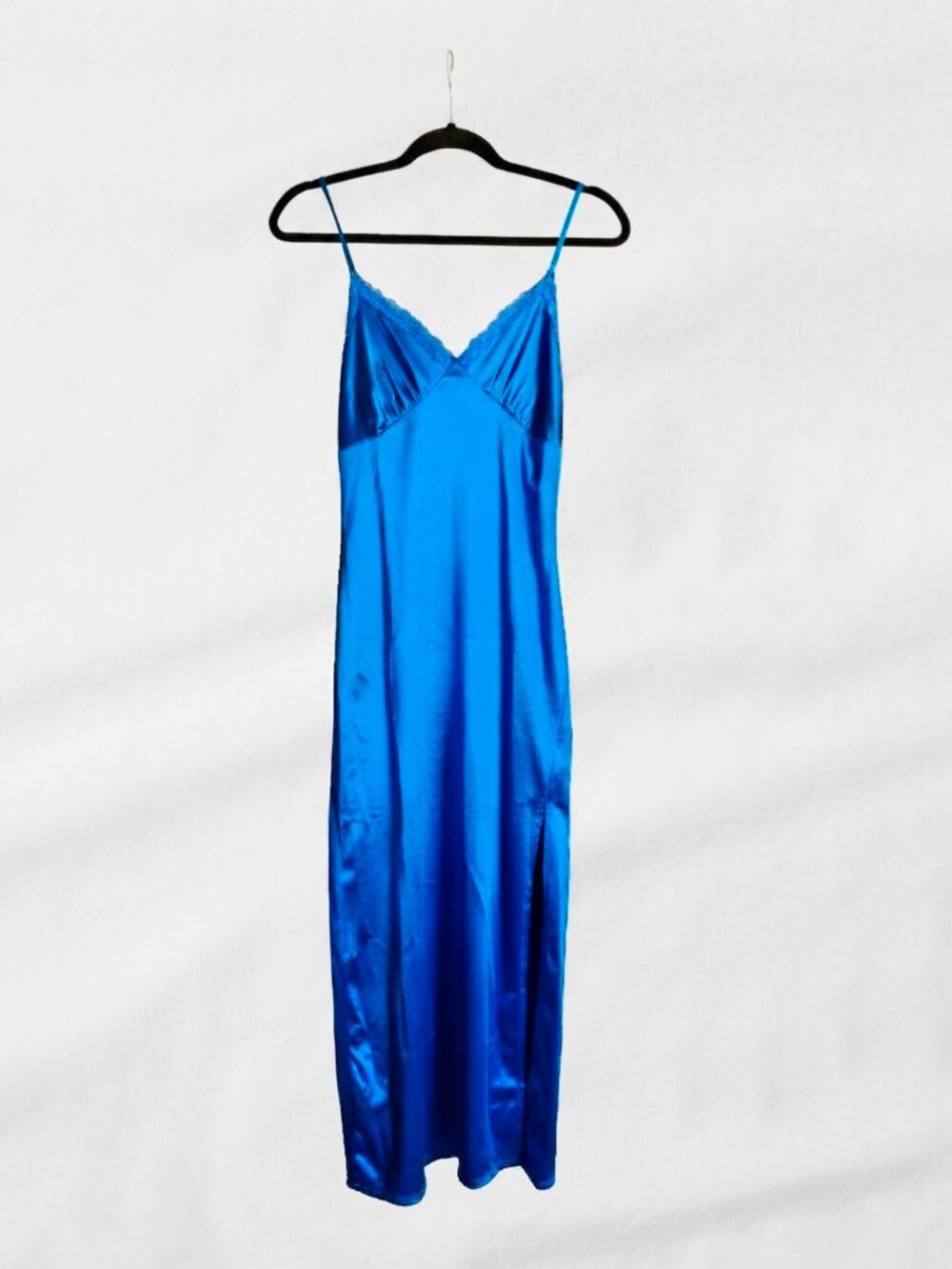 Blue Satin Lace Trim Slip Maxi Dress